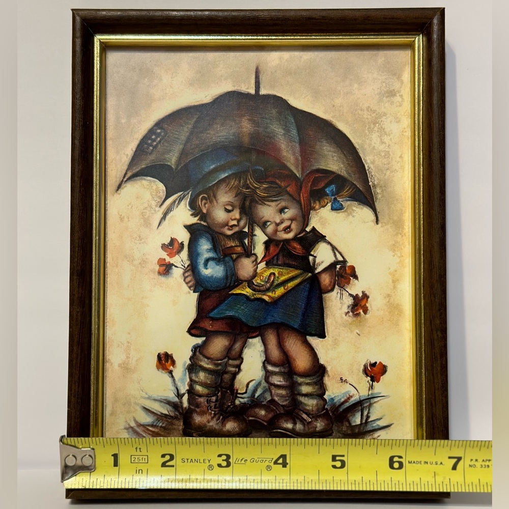 Vintage Hummel Evans Framed Art Boy and Girl Under Umbrella - Picture 3 of 8